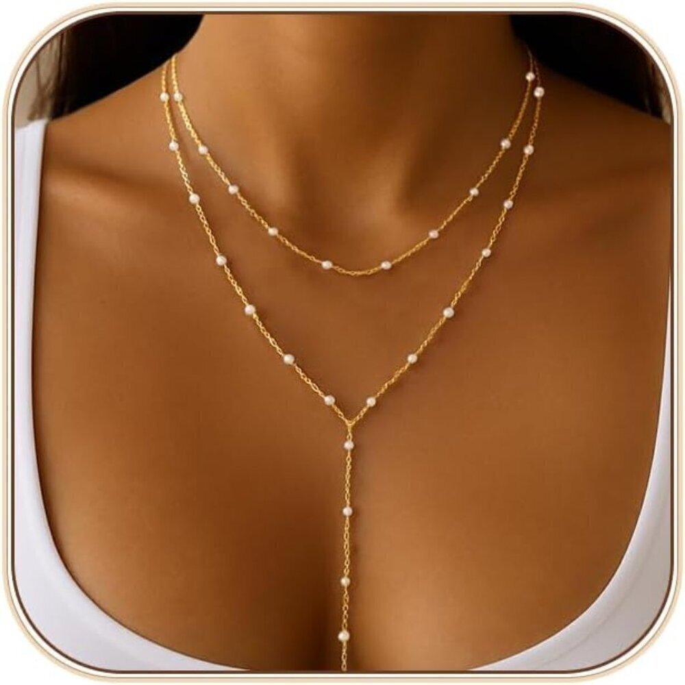 Gold Layered Necklace Women Dainty 14k Gold Beaded Pearl Drop Long Jewelry